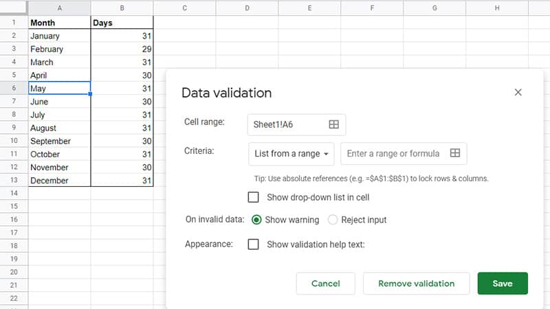 data validation dialog box